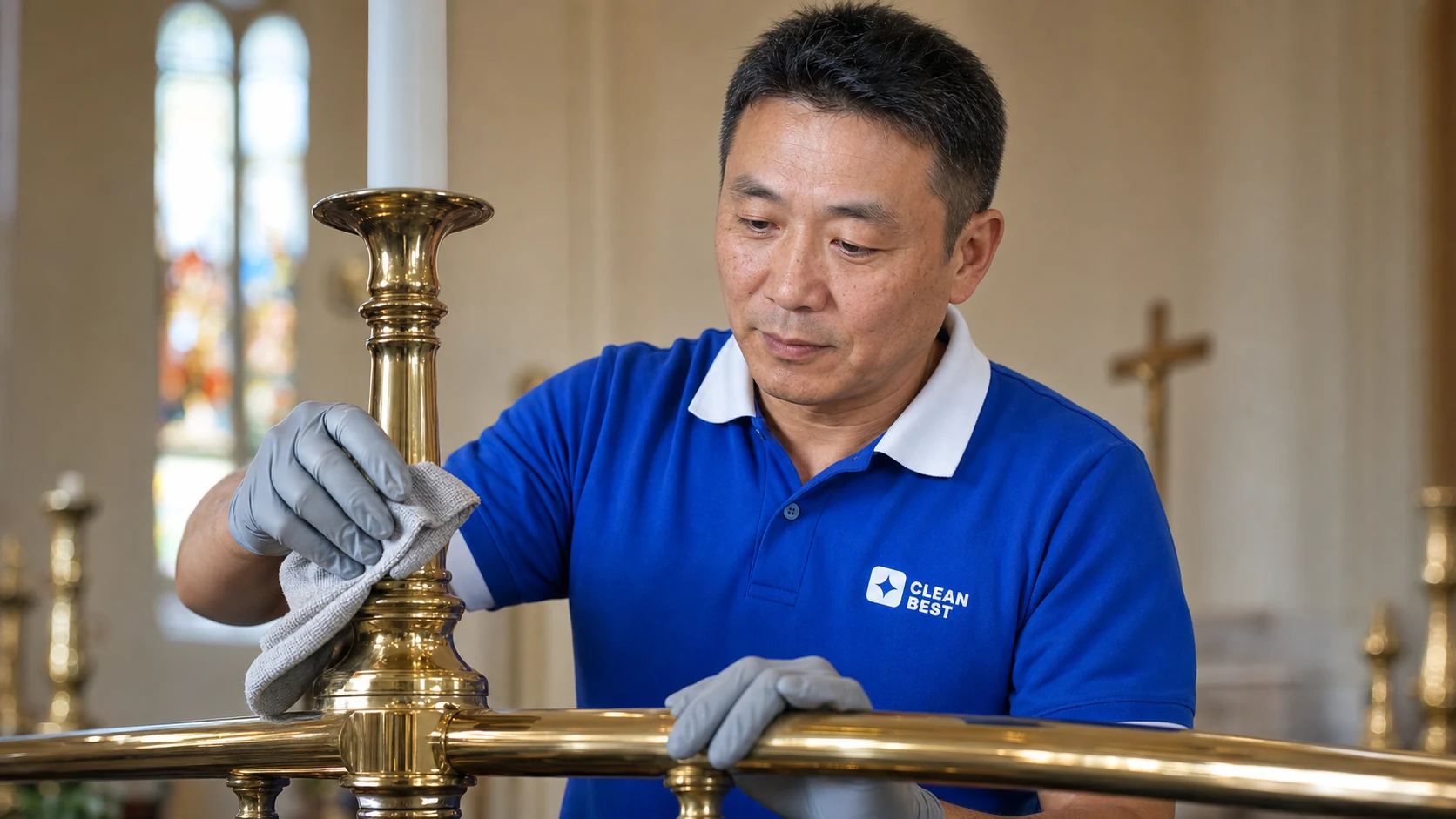 Clean Best cleaner hand-polishing a timber pew in a Bankstown NSW place of worship