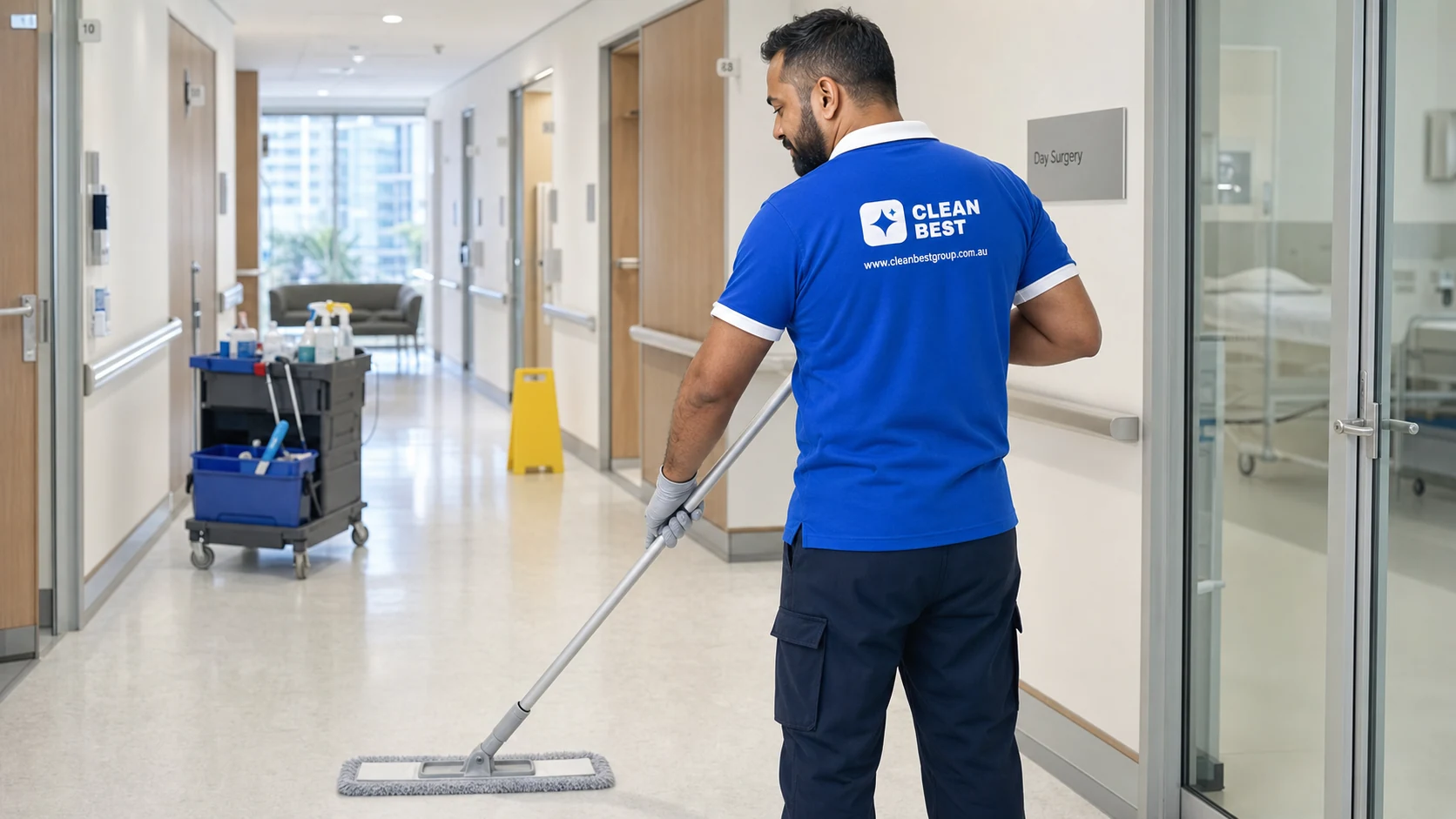 Clean Best cleaner disinfecting a consult room bench in a Bankstown medical centre NSW